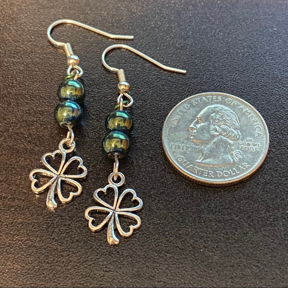 🍀 Hand Crafted 4-Leaf Clover Earrings Charm Handmade Pierced Dangle - Picture 3 of 4